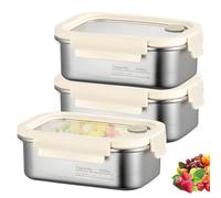PORFOYO Set di 3 contenitori salvafreschezza con coperchio, in acciaio inox da 800 ml, con coperchio, ermetici, contenitore antigoccia, con finestra e tappo sottovuoto