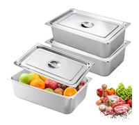 PORFOYO Set di 3 vaschette in acciaio inox, 3 pezzi, contenitore in acciaio inox, con coperchio, 32,5 x 17,5 x 6,5 cm, contenitore Gn 1/3, padelle per hotel, vaschette a vapore per cotolette e pesce