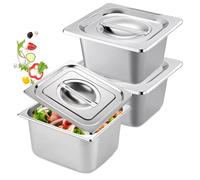 PORFOYO Set di 3 vaschette per il panierstrasse rettangolare, contenitore in acciaio inox con coperchio, contenitore Gn con coperchio, 17,6 x 16,2 x 10 cm, per braciole, cotolette, carne, pesce