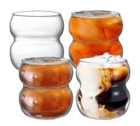PORFOYO Set di 4 bicchieri da 380 ml, bicchieri a coste, caffè freddo e latte macchiato, bicchieri in vetro fatti a mano