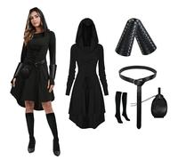 PORJDN Abito da donna medievale con cappuccio, vestito gotico, da donna, per Halloween, con cappuccio, con cintura, in stile retrò, per monete d'oro, corsetto, calzini sopra il ginocchio (Nero, L)