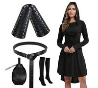 PORJDN Abito da donna medievale con cappuccio, vestito gotico, da donna, per Halloween, con cappuccio, con cintura, in stile retrò, per monete d'oro, corsetto, calzini sopra il ginocchio (Nero, 4XL)