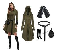 PORJDN Abito da donna medievale con cappuccio, vestito gotico, da donna, per Halloween, con cappuccio, con cintura, in stile retrò, per monete d'oro, corsetto, calzini sopra il ginocchio (Verde, M)