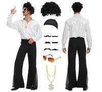 PORJDN Costume da discoteca da uomo, abbigliamento hippie anni '70, con parrucca afro e accessori, stile retrò anni '70, abbigliamento da discoteca 80 per Halloween (argento, 2XL)