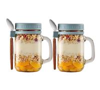 Porlik Overnight Oats - Bicchieri da yogurt 450 ml, confezione 2 contenitori, Mason Jars con coperchio, Cereal On The Go, in vetro con cucchiaio (grigio)