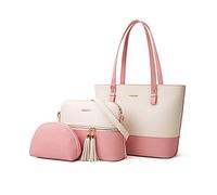 PORRASSO Donna Borsa a Mano Borse Tote di Moda Grande Borsa A Tracolla Borsa A Tracolla 3 Pezzi Borsa per Scuola Ufficio Lavoro, Rosa, L, Elegante