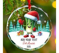 Porro con cappello di Natale Ornamenti in vetro, Ornamento di Natale personalizzato per gli amanti delle verdure del porro 2025, Regali di ricordo a tema vegetale per vegetariani, testo personalizzato