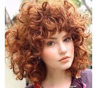 PORSMEER Afro Parrucca da donna sintetica grande parrucca ricci capelli naturali per gli uomini delle donne, Kinky Curly con frangia parrucche corte per donne nere (rame medio marrone)