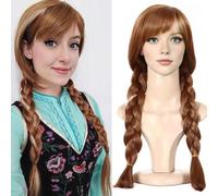 PORSMEER Anna - Parrucca lunga marrone per cosplay, accessorio per costume di Halloween, doppia coda intrecciata, parrucche sintetiche per donne e ragazze, per travestimenti, affascinante, capelli