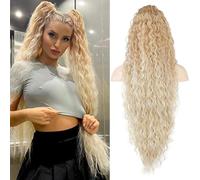 PORSMEER - Coda di cavallo lunga da 76 cm, con cordoncino, capelli sintetici ricci dall'aspetto naturale, da biondo a biondo chiaro, con clip, accessorio per capelli per donne, biondo ombre leggero