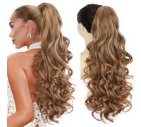 PORSMEER Extension per capelli a coda di cavallo con clip, 66 cm, extension in aggiunta ai capelli, voluminosa, ondulata, coda di cavallo, marrone chiaro con ciocche bionde, per donne