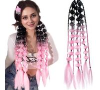 PORSMEER Extension per Treccine Africane nero e rosa 60cm colorato bolla coda di cavallo estensioni per intrecciare,Estensioni dei capelli sintetici a coda di cavallo sirena per le donne