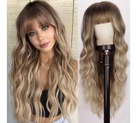 PORSMEER Lungo Ondulato biondo ombre Parrucche con frangia per le Donne Natuaral Capelli Sintetici Parrucca Resistente al Calore per Uso Quotidiano Cosplay Party