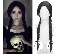 PORSMEER Mercoledì, parrucca da donna, capelli sintetici intrecciati, colore nero, per feste di Halloween