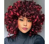 PORSMEER Parrucca Afro da Donna, Pera sintetica con capelli ricci naturali per donne, Kinky Big Curly con frangia, pera corta per donne nere (Nero con rosso scuro)
