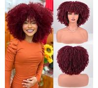 PORSMEER Parrucca afro riccia da donna piena e soffice capelli Kinky ricci Bob Dark Red Wig Volume con frangia per donne nere naturali parrucca capelli sintetici 14 pollici,rosso vino
