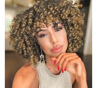 PORSMEER Parrucca afro riccia Ombre biondo capelli sintetici naturali con frangia per le donne lunghezza delle spalle Afro Kinky Curly Bob Wig Volume per donne nere,14 pollici nero mix biondo