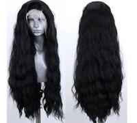 PORSMEER Parrucca anteriore in pizzo lungo riccio ondulato parrucca da donna, 13 x 4 cm, capelli sintetici resistenti al calore (nero)