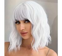 PORSMEER Parrucca bianca speciale spalla corta lunghezza riccia ondulata parrucca Bob con pony, parrucca sintetica per cosplay da donna, colore: bianco
