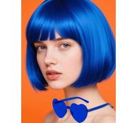 PORSMEER Parrucca corta a caschetto blu e occhiali da sole 30,5 cm, capelli lisci colorati con frangia per donne unisex per costume di Halloween, cosplay, feste, turismo + cuffia per parrucca gratuita