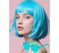PORSMEER Parrucca corta Bob blu e occhiali da sole 30,5 cm dritto colorato parrucca con frangia per donne unisex per costume di Halloween Cosplay festa turismo + cuffia per parrucca