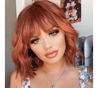 PORSMEER Parrucca corta Bob in rame arancione con frangetta per donne parrucca naturale da donna capelli sintetici colorati per feste quotidiane Halloween Cosplay parrucche ricci ondulate,Auburn wig