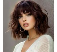 PORSMEER Parrucca corta Bob marrone scuro con frangia per donna, parrucca naturale per donna, capelli sintetici multicolore, festa quotidiana, Halloween, cosplay, parrucche ricce ondulate, parrucca da
