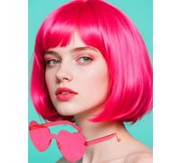 PORSMEER Parrucca corta Bob Viva magenta e occhiali da sole 30,5 cm dritto colorato parrucca con frangia per donne unisex per costume di Halloween, cosplay, feste, turismo + cuffia per parrucca, rosso