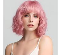 PORSMEER Parrucca corta rosa ondulata Bob con frangia parrucche sintetiche dall'aspetto naturale per donne ragazze feste in costume di Halloween o uso quotidiano 30,5 cm