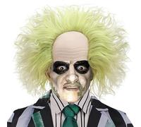 PORSMEER Parrucca corta verde mix argento con clown calvo per uomo, costume da Beetlejuice, vestito per Halloween, costume per film, parrucca corta riccia da uomo
