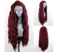 PORSMEER Parrucca da donna con attaccatura frontale in tulle, lunga e mossa, 33 x 10 cm, attaccatura dei capelli naturali, resistente al calore, colore rosso scuro