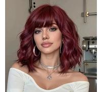 PORSMEER Parrucca da donna con bob, lunghezza delle spalle ricci, con frangetta, capelli sintetici naturali scuri, colore rosso scuro, anime cosplay Halloween Wigs 14 pollici (rosso vinaccia)