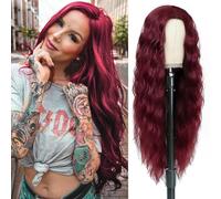 PORSMEER Parrucca da donna con capelli lunghi ondulati, colore rosso vino, riga centrale, soffici e ricci, dall'aspetto naturale, in fibra sintetica resistente al calore, per uso quotidiano e feste