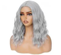 PORSMEER Parrucca da donna corta Bob riccioli per afro/donne/ragazze parrucca centrale naturale parrucca per capelli festa/costume senza pizzo frontale (grigio argento)