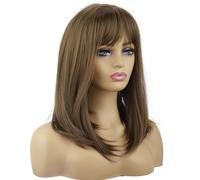 Porsmeer Parrucca da Donna di Lunghezza Media Castana con Frangia, Parrucca Bob Castana Naturale Liscia Sintetica da 40,6 cm, Parrucca per Ogni Giorno o per Costumi di Halloween