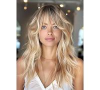 PORSMEER Parrucca da donna di media lunghezza ondulata, bionda con pony, per donne, parrucca sintetica naturale riccia, vita quotidiana, anime cosplay, feste in costume, Halloween, carnevale, wig