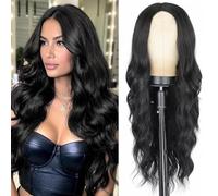 PORSMEER Parrucca da donna ondulata lunga nera capelli ricci naturali separati centrali brasiliani sintetici resistenti al calore per cosplay festa Halloween abbigliamento quotidiano