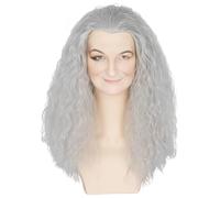 PORSMEER Parrucca da donna per Halloween, parrucca lunga grigia riccia, capelli sintetici, vecchia donna, strega, festa a tema, carnevale
