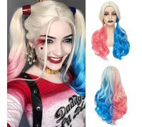 PORSMEER Parrucca da donna per Harley Quinn, con capelli biondi, blu e rosa, per carnevale, costume, ricci, lunga, cosplay per carnevale