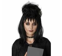 PORSMEER Parrucca da sposa gotica nera per Lydia, parrucca lunga per cosplay, con chignon, per donne, feste di Halloween e travestimenti in California