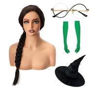 PORSMEER Parrucca da streghe nere marrone per le donne 80CM lungo marrone intrecciato parrucca per Halloween parrucca intrecciata+cappello+occhiali+guanto