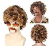 PORSMEER Parrucca da uomo anni '70 Disco Dude Dirt Bag, collana e baffi ricci corti afro Shaggy parrucca bionda mix nero
