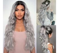 PORSMEER Parrucca grigio ombre lunghe ondulate per donne,parte centrale soffice parrucca riccia,parrucche sintetiche naturali resistenti al calore per tutti i giorni/feste
