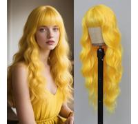 PORSMEER - Parrucca lunga con capelli ondulati e ricci ombre gialla con frangia per donne, capelli sintetici naturali resistenti al calore per signore, per uso quotidiano o travestimento, cosplay