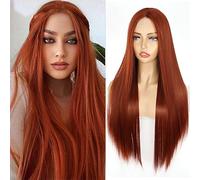 PORSMEER Parrucca lunga dall'aspetto naturale, senza colla, da donna, liscia, setosa, sintetica, resistente al calore, con riga centrale in pizzo, 71 cm, marrone rame chiaro