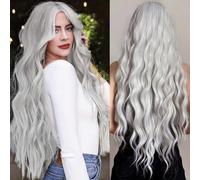 PORSMEER Parrucca ondulata bianca e argento, 66 cm, parte centrale riccia, dall'aspetto naturale, fibra sintetica resistente al calore, uso quotidiano per feste (grigio chiaro)