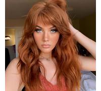 PORSMEER Parrucca ondulata da 45,7 cm, colore rosso zenzero, con frangia, per donne e donne, lunghezza media, capelli sintetici resistenti al calore, per uso quotidiano o cosplay e feste di Halloween