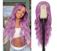 PORSMEER Parrucca ondulata lunga rosa viola da donna 66 cm in pizzo con riga centrale riccia ondulata dall'aspetto naturale, capelli sintetici resistenti al calore, per uso quotidiano e feste