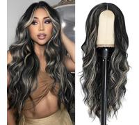 PORSMEER Parrucca Ondulata Lungo Nero Con Bionda Highlights, 66 cm Linea Centrale Riccia Naturale Resistente al Calore Sintetica per Donne Festa Quotidiana