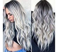 PORSMEER Parrucca per Halloween, da donna, colore grigio argento, con setole sintetiche naturali, con riga centrale, adatta all'uso quotidiano, per cosplay, carnevale, feste, biondo cenere